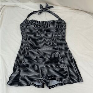 Retro Boy Leg Maillot Striped Black & White Halter Top Swimsuit Size Large